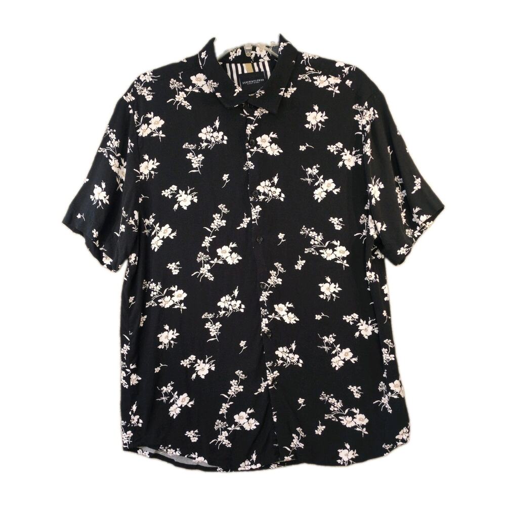Denim & Flower Ricky Singh Mens L Black White Floral Button Down Shirt